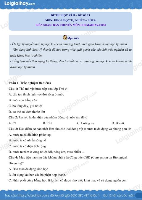 Đề thi học kì 2 KHTN 6 Chân trời sáng tạo - Đề số 13